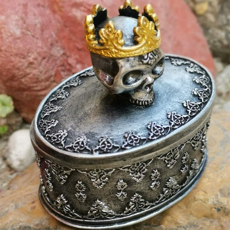 Aestivate Skeleton Head Black Skull Jewelry Box Holder Organizer with Crown Halloween Skeleton Decorations Home Skull Decor - Image 2
