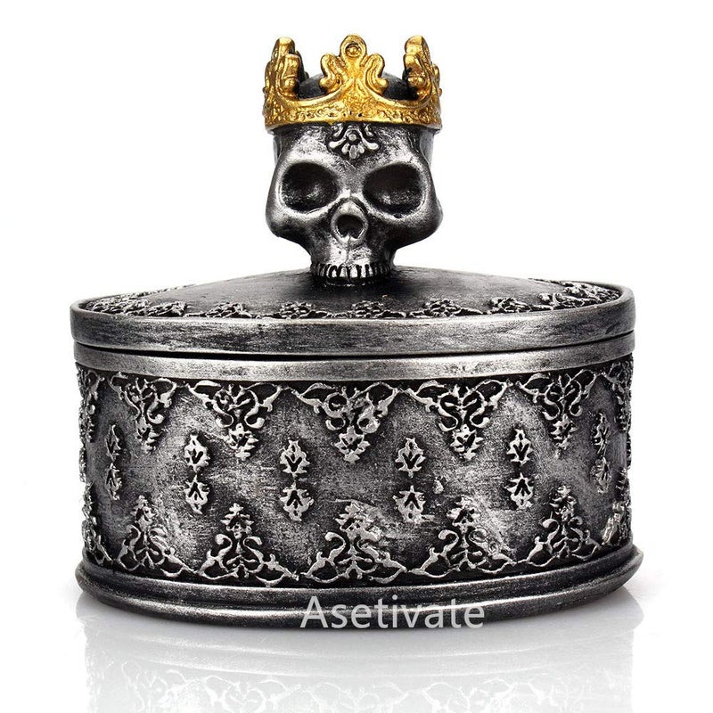 Aestivate Skeleton Head Black Skull Jewelry Box Holder Organizer with Crown Halloween Skeleton Decorations Home Skull Decor - Image 1