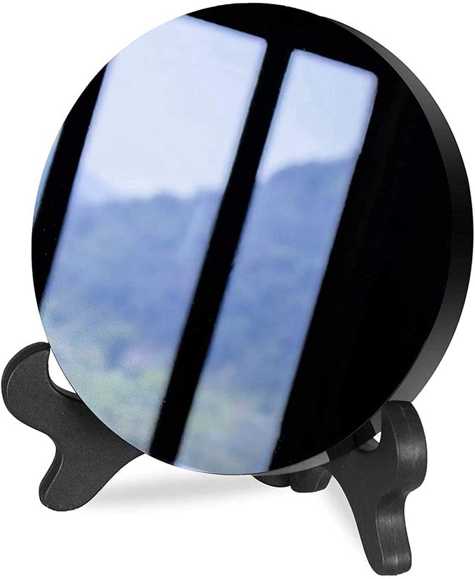 BLACK OBSIDIAN SCRYING MIRROR BLACK OBSIDIAN CIRCLE DISC FENG SHUI MIRROR WITH STAND HOME DESK DECOR 8CM