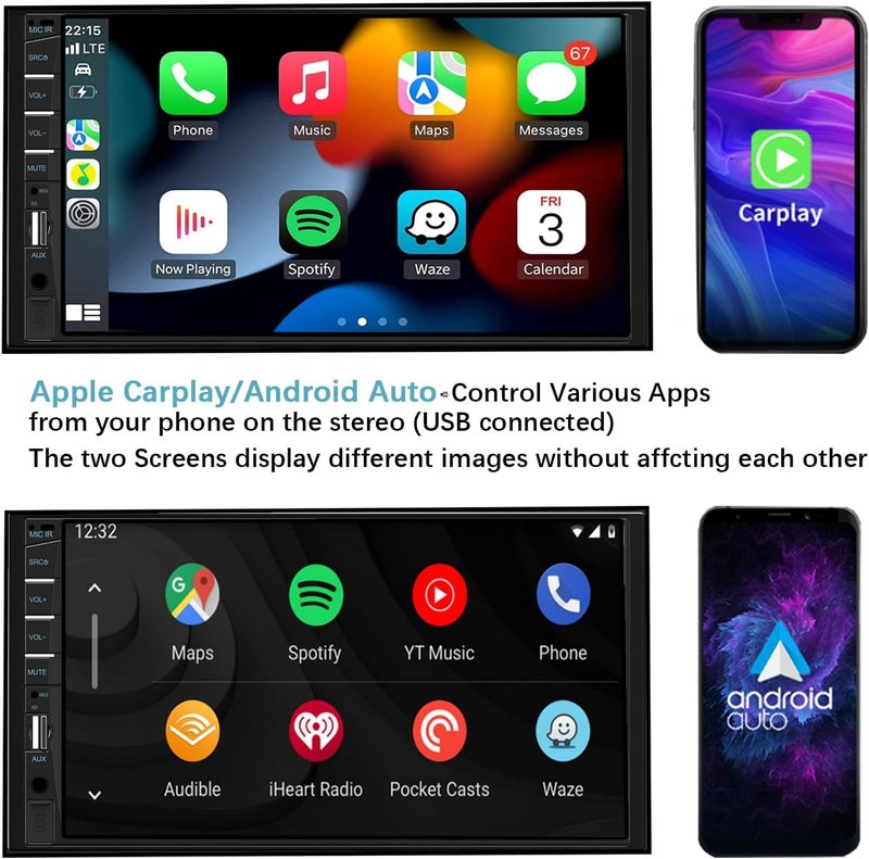 Naifay Double Din Car Stereo with Apple Carplay and Android Auto - 7 Inch HD Touchscreen - Image 2