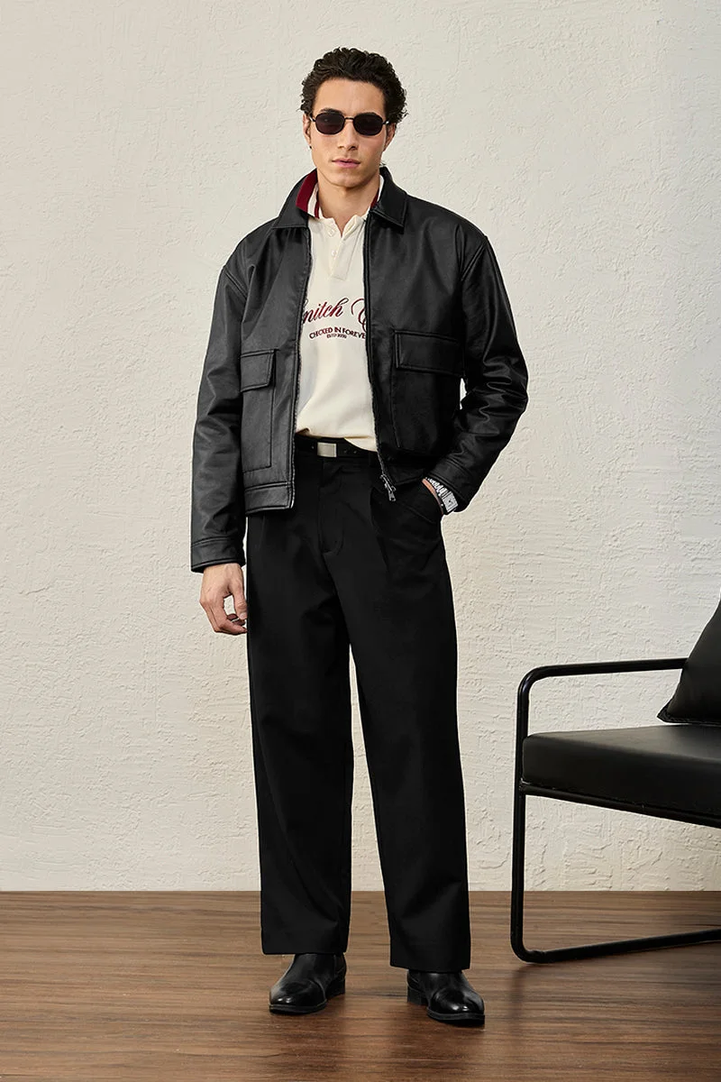 سنيتش Black Solid Long Sleeve Boxy Streetwear Jacket