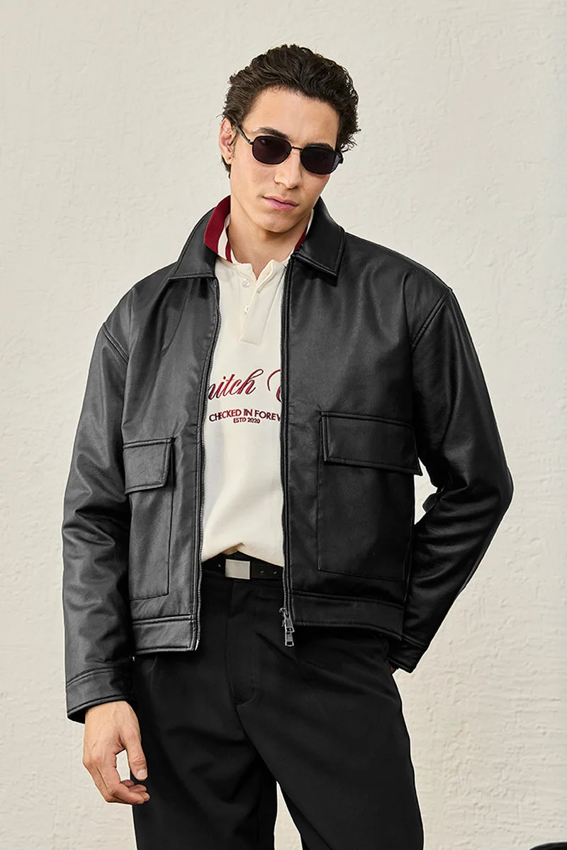 سنيتش Black Solid Long Sleeve Boxy Streetwear Jacket