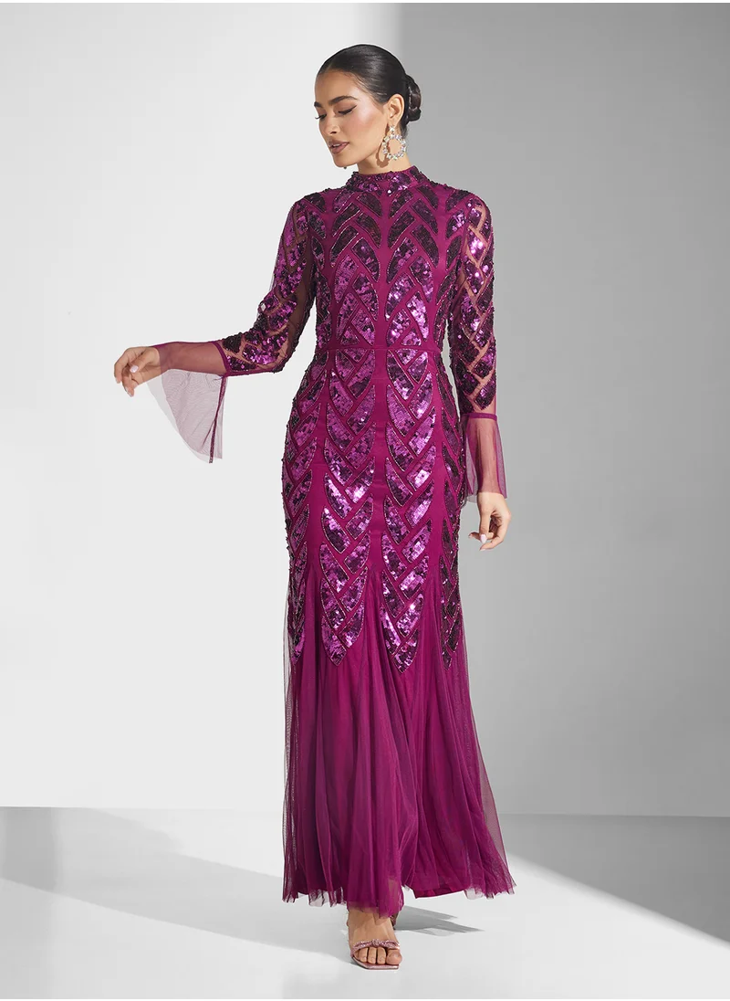 اميليا روز Embellished Flare Sleeve Dress