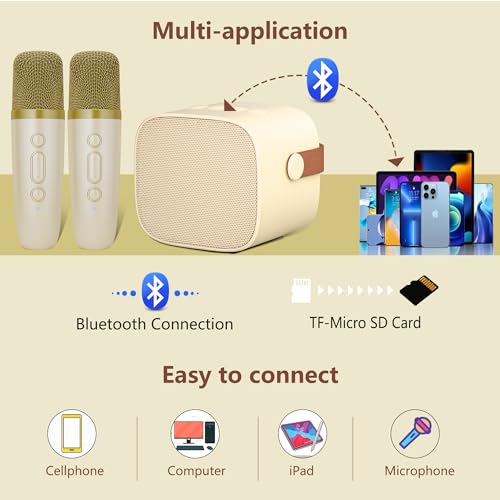 BONAOK Mini Karaoke Machine for Kids Adults, Portable Bluetooth Speaker with 2 Wireless Microphones, Christmas Birthday Gifts Toys for Girls Ages 4, 5, 6,7, 8,9,10,11,12+ Years Old Toddler(Beige) - Image 4