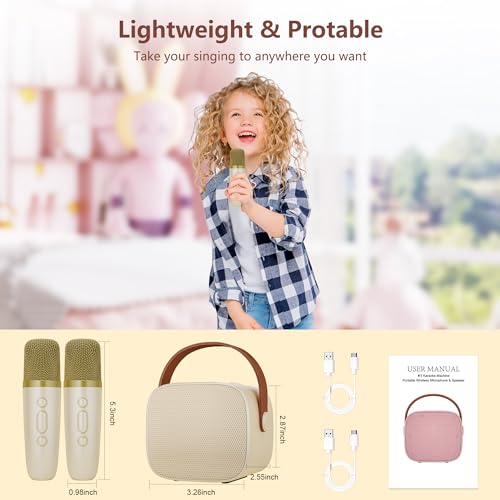 BONAOK Mini Karaoke Machine for Kids Adults, Portable Bluetooth Speaker with 2 Wireless Microphones, Christmas Birthday Gifts Toys for Girls Ages 4, 5, 6,7, 8,9,10,11,12+ Years Old Toddler(Beige) - Image 2