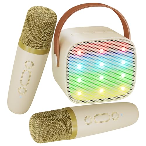 BONAOK Mini Karaoke Machine for Kids Adults, Portable Bluetooth Speaker with 2 Wireless Microphones, Christmas Birthday Gifts Toys for Girls Ages 4, 5, 6,7, 8,9,10,11,12+ Years Old Toddler(Beige) - Image 1