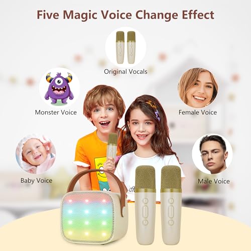 BONAOK Mini Karaoke Machine for Kids Adults, Portable Bluetooth Speaker with 2 Wireless Microphones, Christmas Birthday Gifts Toys for Girls Ages 4, 5, 6,7, 8,9,10,11,12+ Years Old Toddler(Beige) - Image 5