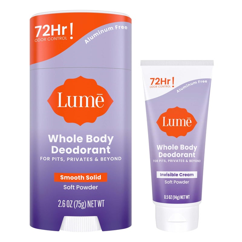Lume Whole Body Deodorant  Invisible Cream Tube Mini and Solid Stick  72 Hour Odor Control  Aluminum Free Baking Soda Free Skin Safe  05 Oz Mini Tube  26 Oz Solid Stick Soft Powder