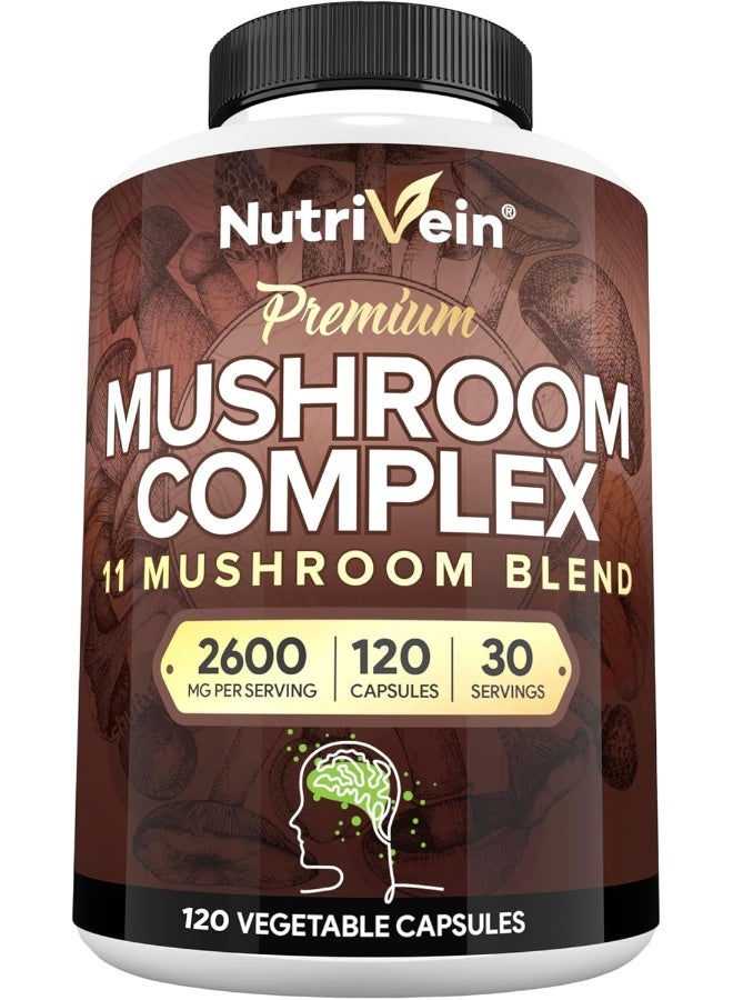 Nutrivein 7 Blend Lions Mane Mushroom Cordyceps, Chaga, Reishi, Turkey Tail, Maitake, Shiitake Supplement (2600mg) - Image 1