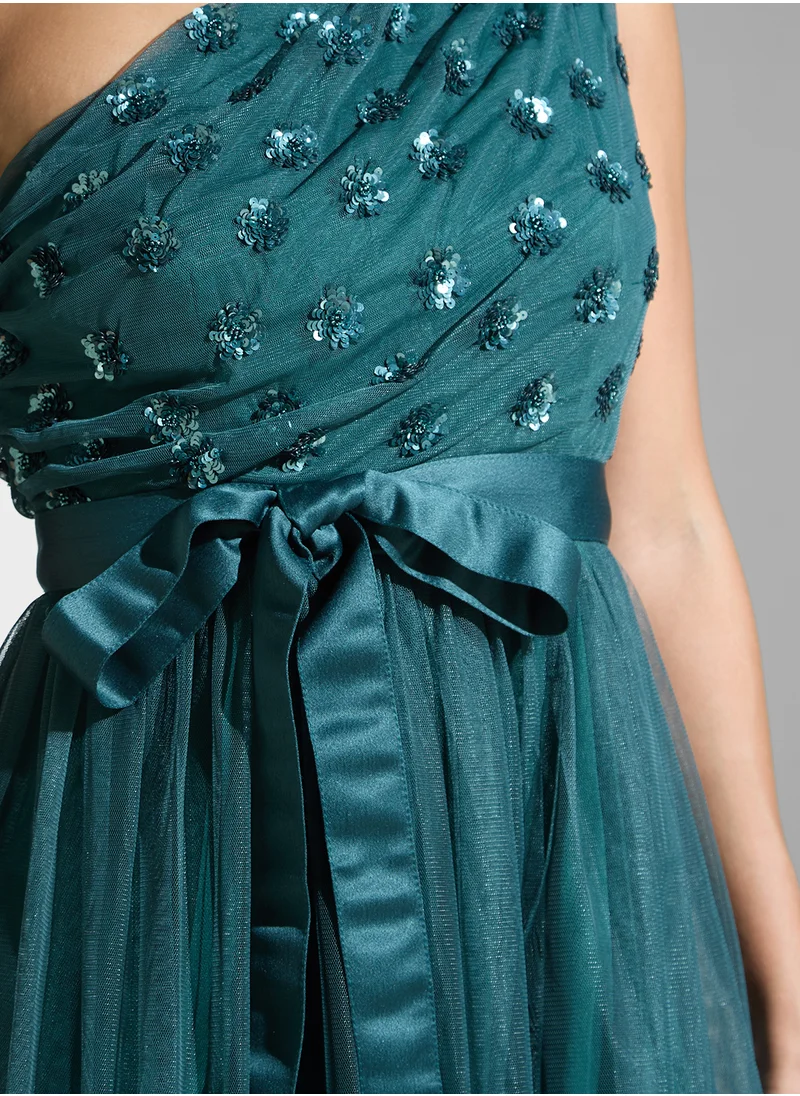 مايا One Shoulder Tie Detail Mesh Dress