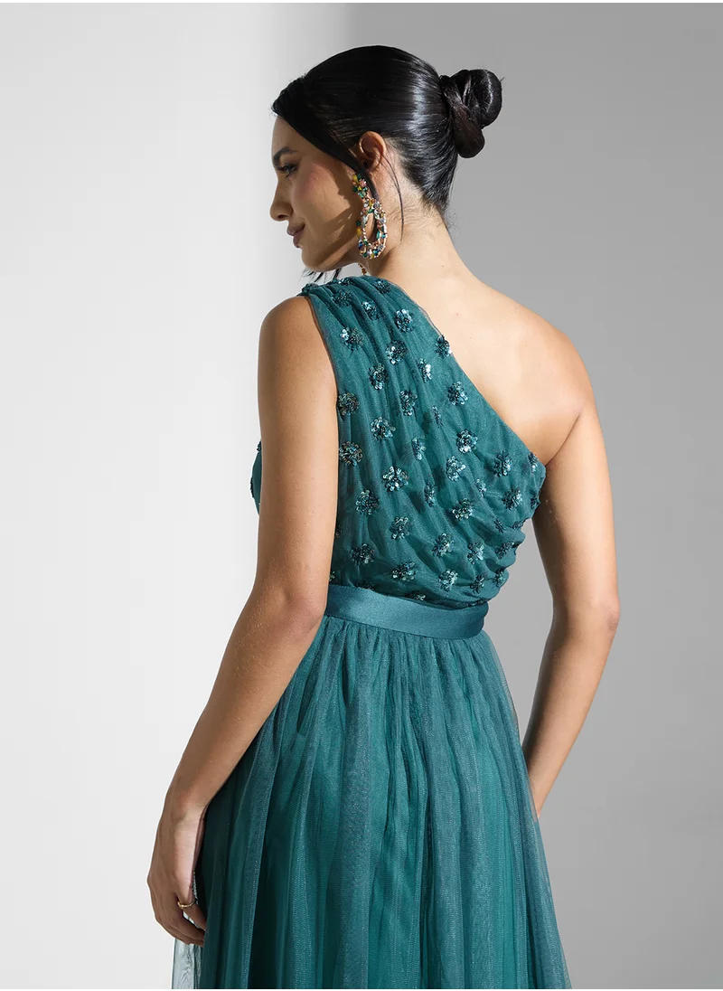 مايا One Shoulder Tie Detail Mesh Dress