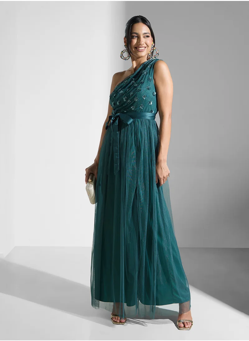 مايا One Shoulder Tie Detail Mesh Dress