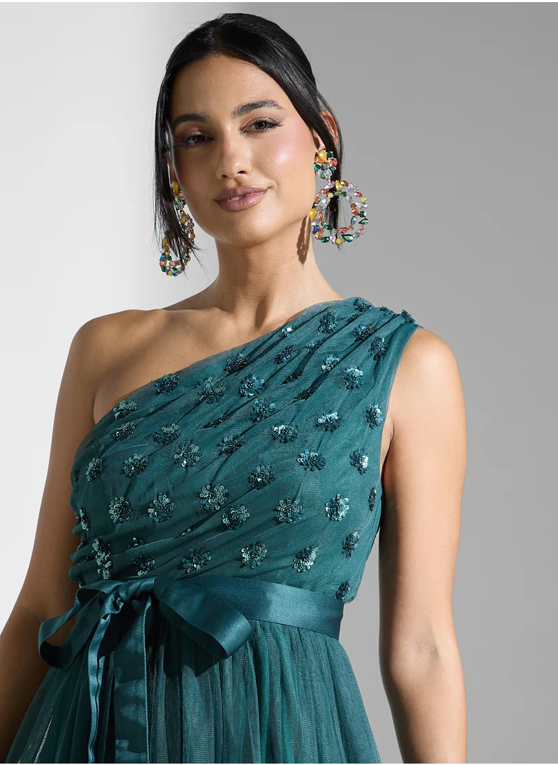 مايا One Shoulder Tie Detail Mesh Dress