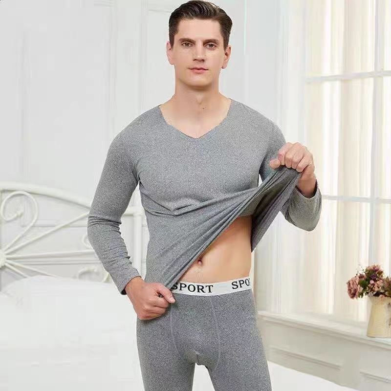 Constant Temperature 37 Self-heating Mens Autumn and Winter Thermal Underwear suit Thin Fleece Autumn Pants fleece-lined V-neck Non-marking Single Clothes Light gray  - Image 1