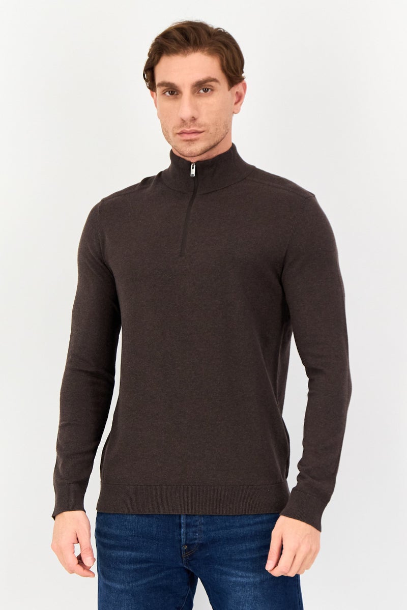 Selected Homme Men Mock Neck Long Sleeve Knitted Half Zip Sweater, Dark Brown - Image 1