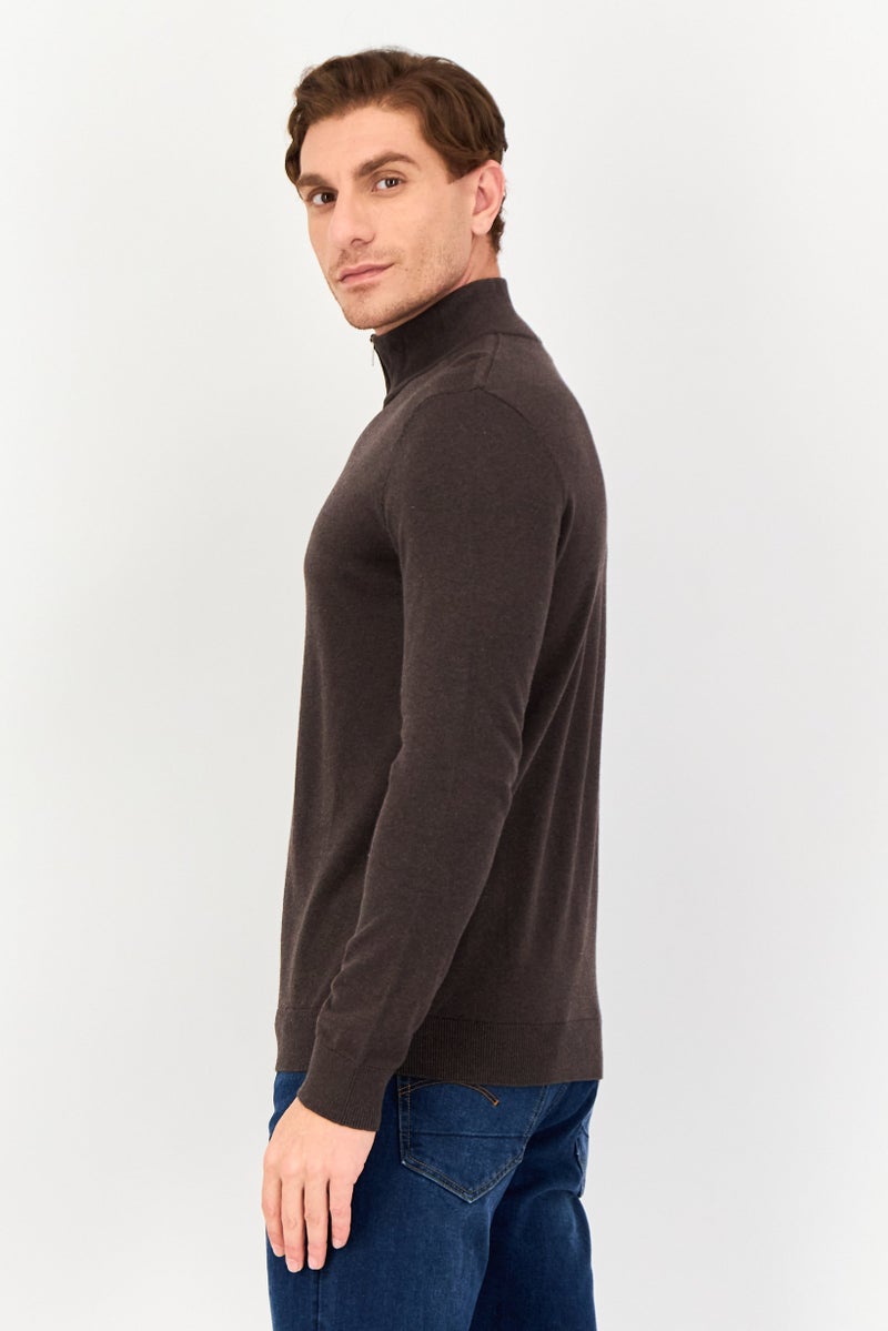 Selected Homme Men Mock Neck Long Sleeve Knitted Half Zip Sweater, Dark Brown - Image 3