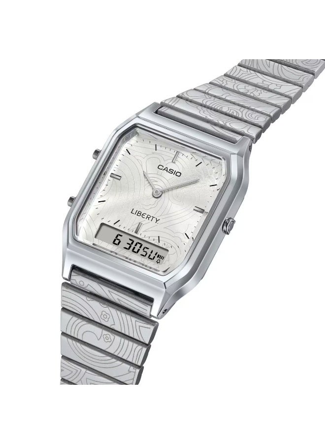CASIO Limited Edition Vintage Liberty Collaboration Analog-Digital Unisex Watch AQ-230ELT-7A, 38.8 mm Silver Chrome-Plated Resin Case & Stainless Steel Band, 30 m WR - Image 1