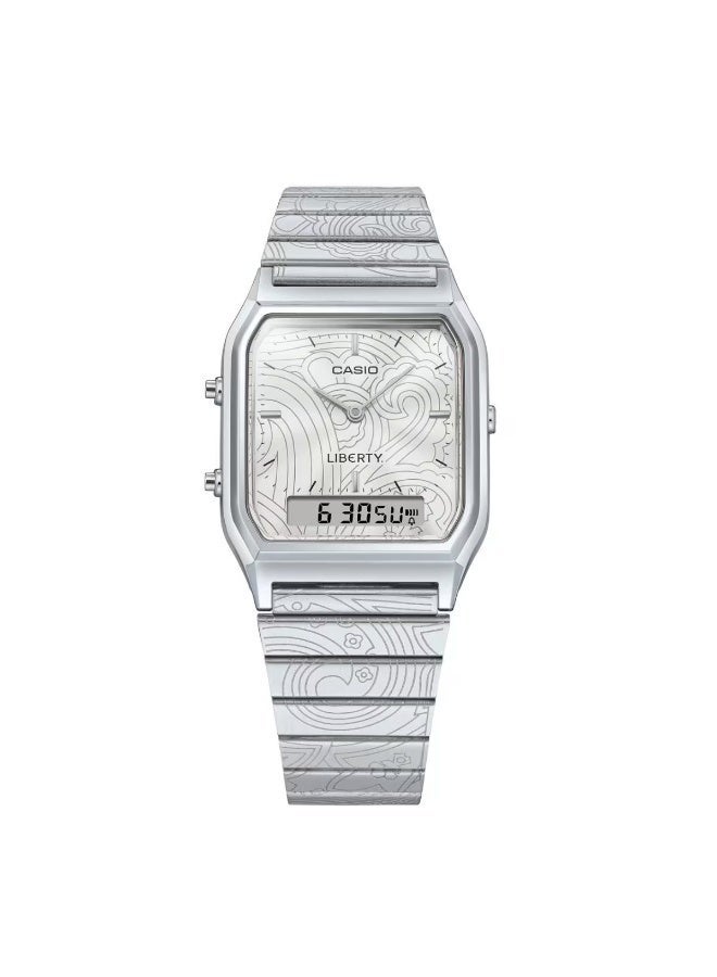 CASIO Limited Edition Vintage Liberty Collaboration Analog-Digital Unisex Watch AQ-230ELT-7A, 38.8 mm Silver Chrome-Plated Resin Case & Stainless Steel Band, 30 m WR - Image 4