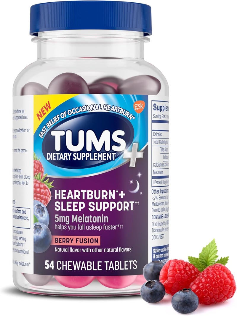 TUMS TUMS Heartburn Plus Sleep Support Chewable Dietary Supplement Tablets for Occasional Heartburn Relief Plus Sleep Support, Berry Fusion - 54 Count 