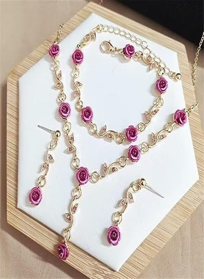 Blue Drop 3Pcs Rose Red Jewelry Red Flower Necklaces for Women Red Rose Flower Dangle Earrings Rose Bracelet Rose Gold Prom Jewelry Sets for Bride Wedding Jewelry-Pink - Image 2