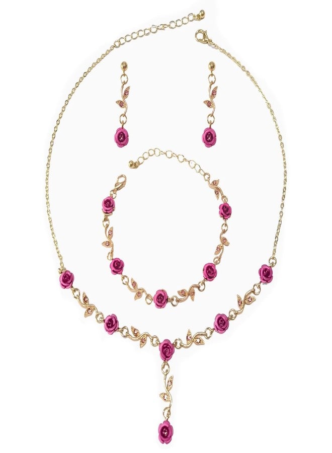 Blue Drop 3Pcs Rose Red Jewelry Red Flower Necklaces for Women Red Rose Flower Dangle Earrings Rose Bracelet Rose Gold Prom Jewelry Sets for Bride Wedding Jewelry-Pink - Image 1