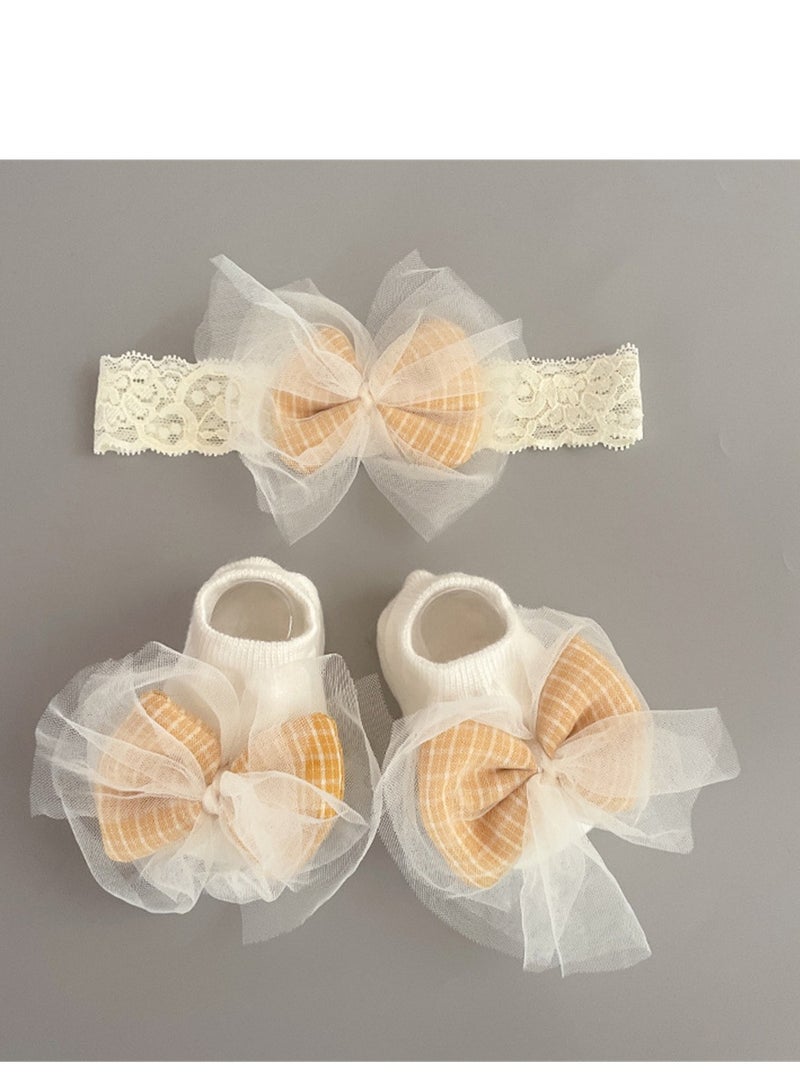 Loquat 3PCS Baby Headband Sock Gift Box Set Full Moon 100th Birthday Gift Beige 