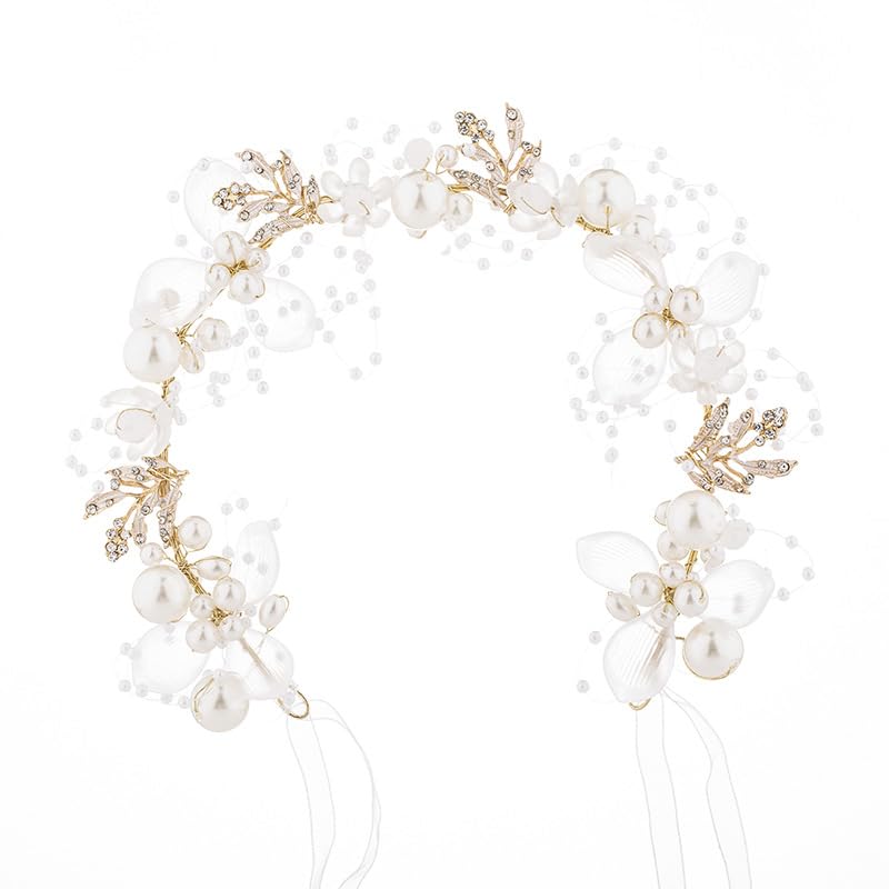 KAYZON Wedding Hair Accessories for Kids, Flower Girl Accessory, Princess Headpiece White Headband Pearl and Girls Cute Bridal Band, Women's Fashion Headbands, Flower Pearl Gold - Image 1