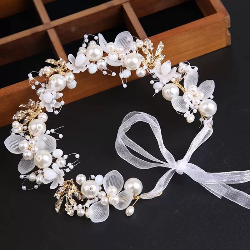 KAYZON Wedding Hair Accessories for Kids, Flower Girl Accessory, Princess Headpiece White Headband Pearl and Girls Cute Bridal Band, Women's Fashion Headbands, Flower Pearl Gold - Image 2