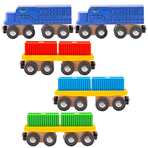 ORBRIUM 11 Pcs Intermodal Freight Trains Set for Wooden wood Railway Includes 2 Diesel Engines 3 Container Flat Cars 6 Shipping Containers Compatible with Thomas Brio Chuggington Melissa and Doug