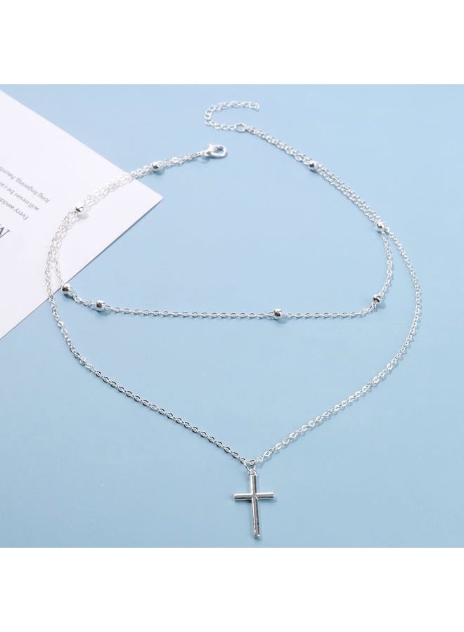 Yheakne Boho Layered Cross Choker Necklace Silver Cross Pendant Necklace Ball Satellite Chain Necklace Vintage Double Layer Necklace Chain Jewelry for Women and Girls Gift (Silver) - Image 3