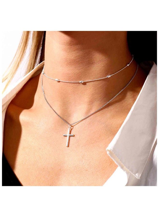 Yheakne Boho Layered Cross Choker Necklace Silver Cross Pendant Necklace Ball Satellite Chain Necklace Vintage Double Layer Necklace Chain Jewelry for Women and Girls Gift (Silver) - Image 2
