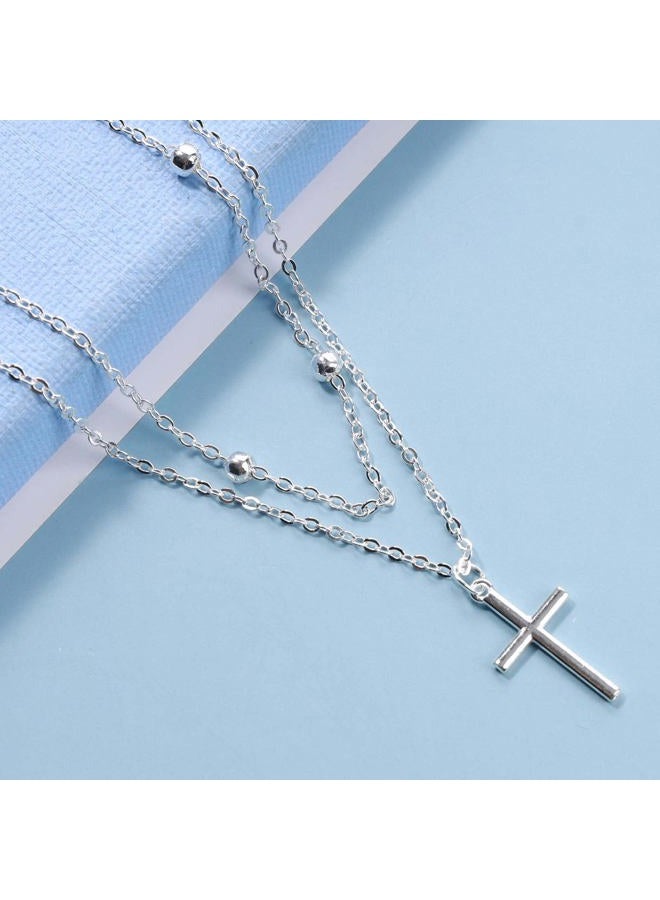 Yheakne Boho Layered Cross Choker Necklace Silver Cross Pendant Necklace Ball Satellite Chain Necklace Vintage Double Layer Necklace Chain Jewelry for Women and Girls Gift (Silver) - Image 4