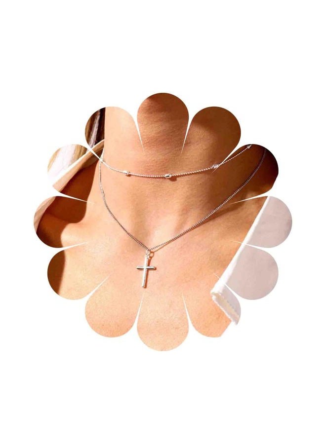 Yheakne Boho Layered Cross Choker Necklace Silver Cross Pendant Necklace Ball Satellite Chain Necklace Vintage Double Layer Necklace Chain Jewelry for Women and Girls Gift (Silver) - Image 1
