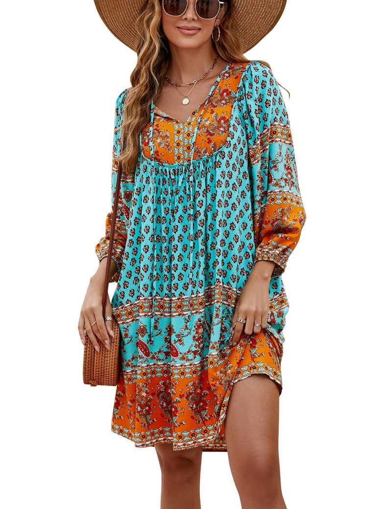 Bluetime Women Casual Summer Dress Boho V Neck 3/4 Sleeve Babydoll Floral Print Flowy Beach Dress (XL, Neo Mint) - Image 1