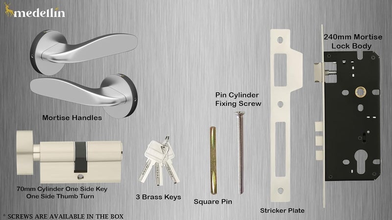 Medellin Medellin Mortise Door Lock 1021 Premium Satin Steel Brass Finish with Complete Handle Set 3 Brass Keys Main Door Locks for HomeOfficeHotel Ideal Door Lock for Home Main Door Use  - Image 5
