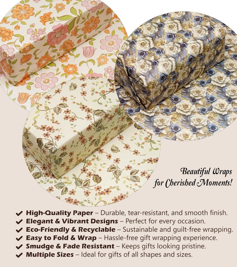 KOSY Gift Wrapping Paper Sheets - Pack of 75 Sheets (75 x 50 cm) | Premium Design Wrapping Paper For Gift Packing | Gift Paper Sheets Pack Of 75 (Flower Art, Blue White Rose & Green Belpatti) - Image 3