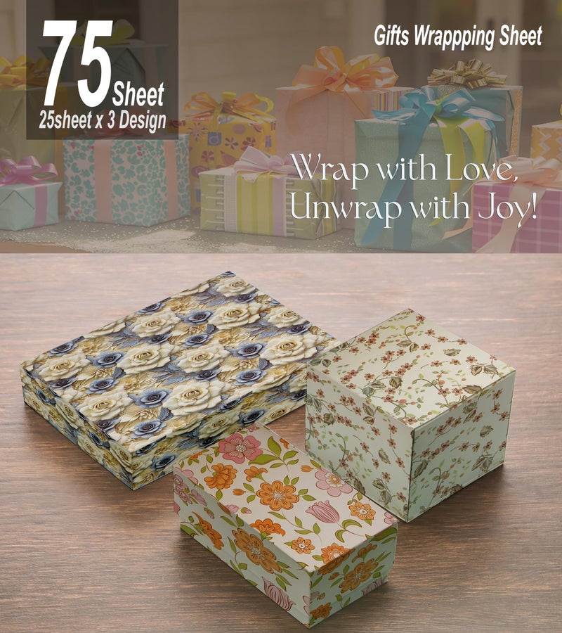 KOSY Gift Wrapping Paper Sheets - Pack of 75 Sheets (75 x 50 cm) | Premium Design Wrapping Paper For Gift Packing | Gift Paper Sheets Pack Of 75 (Flower Art, Blue White Rose & Green Belpatti) - Image 2