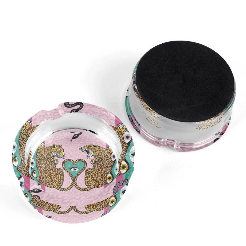 1pc Round Glass Ashtray Anti Slip Pad Exotic Leopard Heart Pattern - Image 1