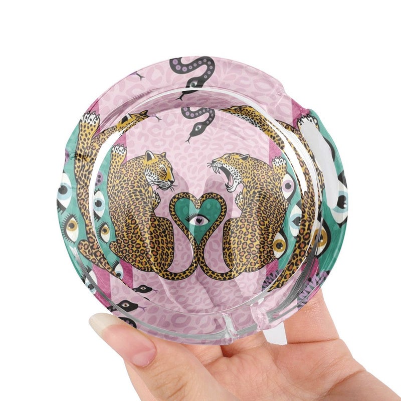 1pc Round Glass Ashtray Anti Slip Pad Exotic Leopard Heart Pattern - Image 4