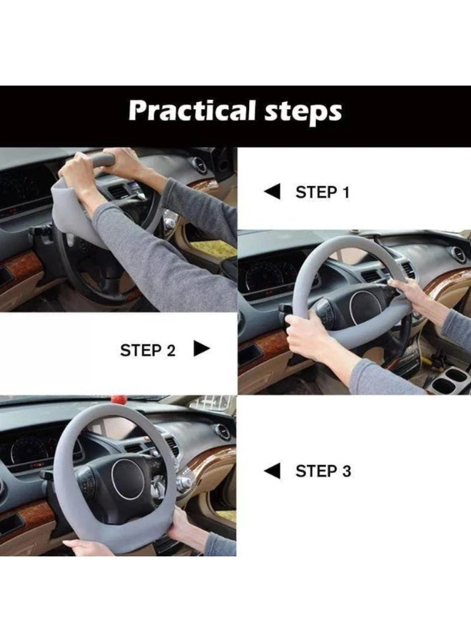 شابية غطاء عجلة قيادة السيارة من السيليكون، مناسب للصيف، شعور رائع، مضاد للانزلاق، غطاء عجلة قيادة السيارة، غطاء واقٍ، عالمي للقطر 33-42 سم، مناسب لمعظم السيارات وسيارات الدفع الرباعي والشاحنات والشاحنات الصغيرة، لون رمادي - Image 4