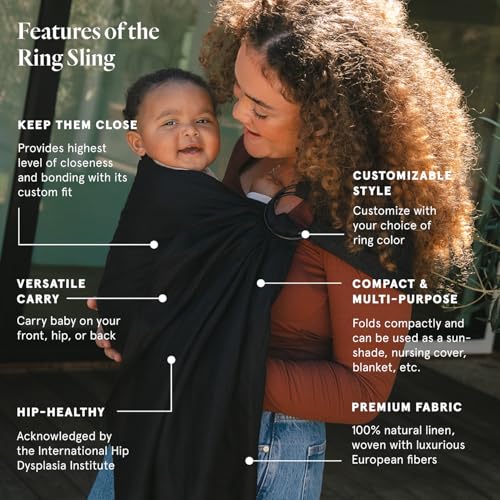WildBird - Ring Sling Baby Carrier - 0-36 Months (up to 35 lbs) - Standard (74") Raven & Gold Ring - Front, Hip or Back Carry - Adjustable Fit - Natural Linen - Baby Essentials - New Mom Gifts - Image 2
