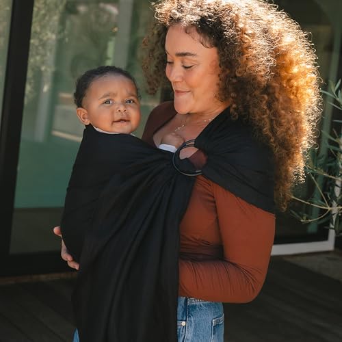 WildBird - Ring Sling Baby Carrier - 0-36 Months (up to 35 lbs) - Standard (74") Raven & Gold Ring - Front, Hip or Back Carry - Adjustable Fit - Natural Linen - Baby Essentials - New Mom Gifts - Image 5