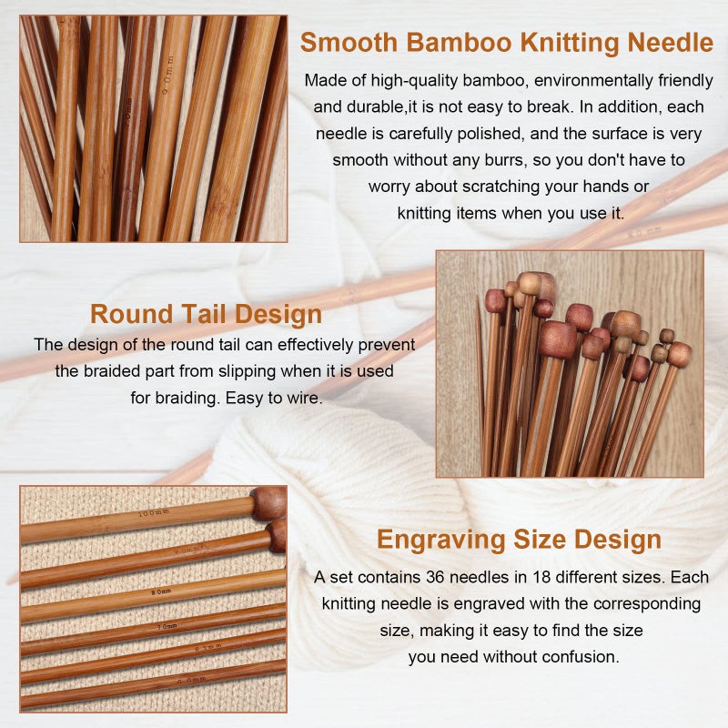 Aeelike 18 Pairs Bamboo Knitting Needles Set - 10 Inches Wooden Knitting Needles Single Point with Roll Bag - Portable Knittings Needle Set for Beginners (2mm - 10mm) - Image 3