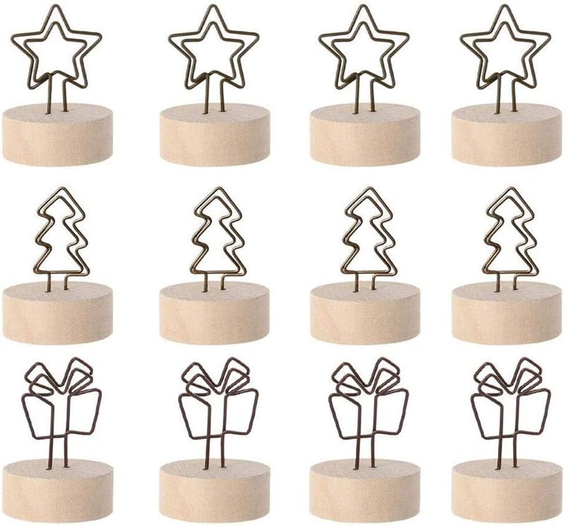 YBB 12 Pcs Christmas Wooden Base Place Card Holder, Xmas Tree Star Gift Shaped Picture Memo Note Photo Clip Number Holder Table Card for Christmas Party Wedding Home Bar Decoration - Image 1