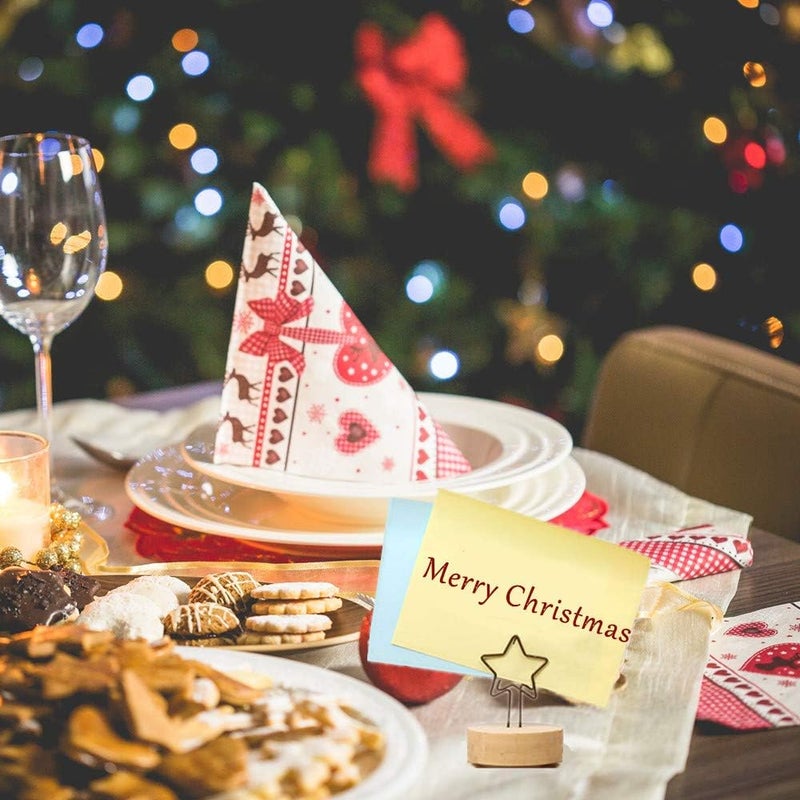 YBB 12 Pcs Christmas Wooden Base Place Card Holder, Xmas Tree Star Gift Shaped Picture Memo Note Photo Clip Number Holder Table Card for Christmas Party Wedding Home Bar Decoration - Image 4