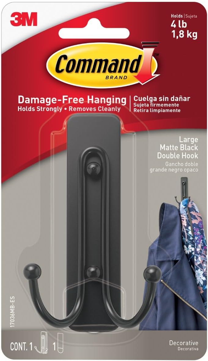 Command Metal Matte Large Double hook | holds 1.8 kg each hook | Black color | Organize | Decoration | No Tools | Holds Strongly | Damage-Free Hanging | 1 hook and 2 strips/pack - Image 1