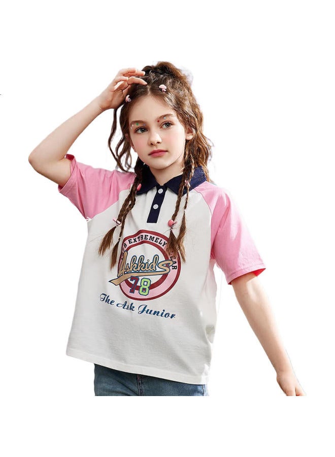 Ask Junior Girls' Short-Sleeve T-Shirt, Summer Children'S Letter Print Contrasting Color Casual Polo Shirt, Pink, Size 160 - Image 2