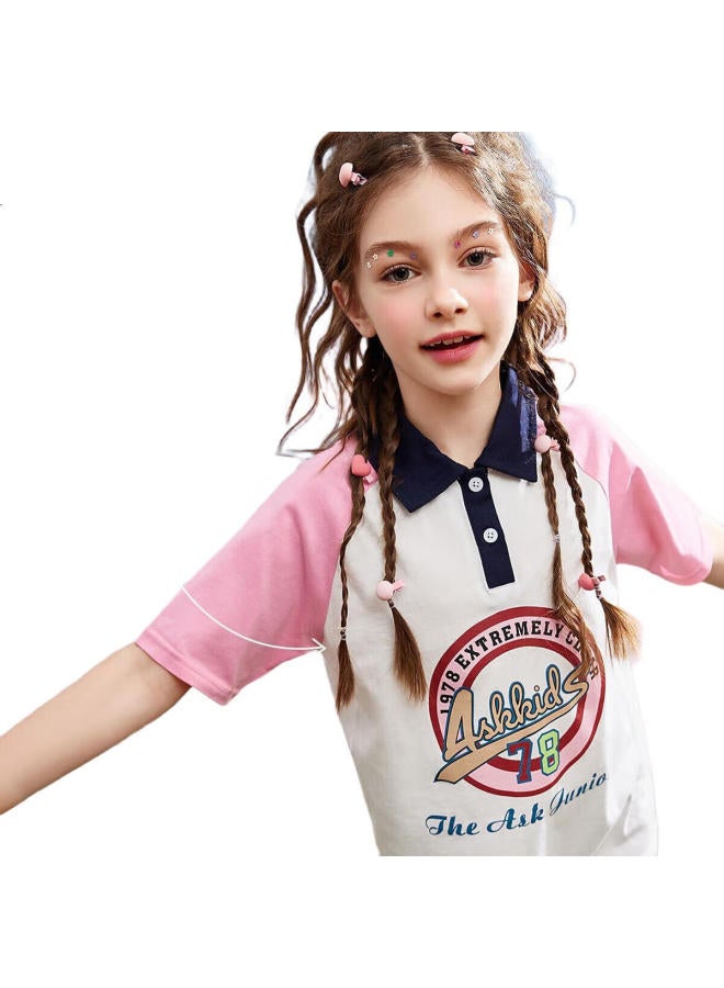 Ask Junior Girls' Short-Sleeve T-Shirt, Summer Children'S Letter Print Contrasting Color Casual Polo Shirt, Pink, Size 160 - Image 3