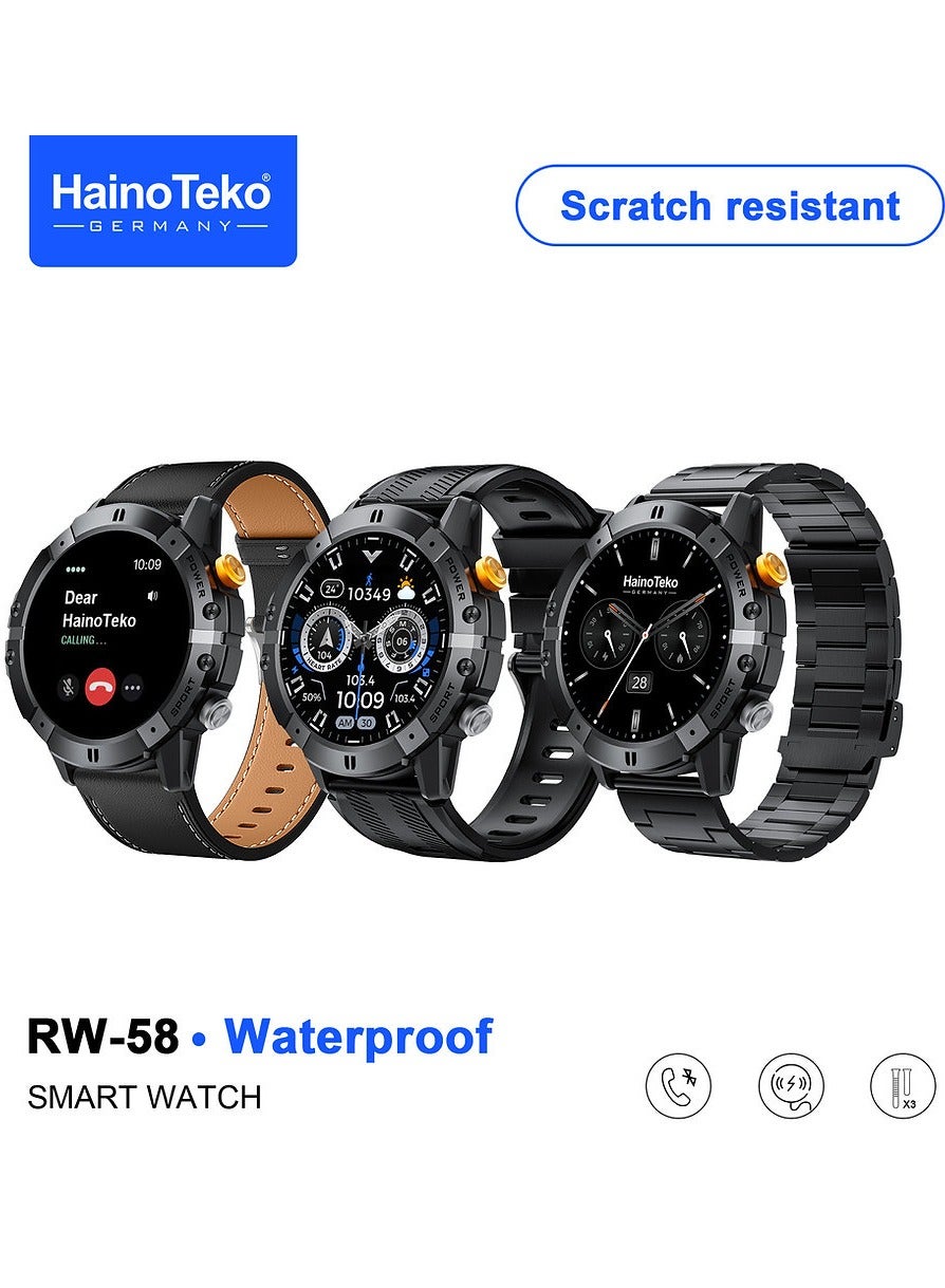 Haino Teko RW-58 Waterproof Smartwatch With Largescreen AMOLED Display 3 Interchangeable Straps and Charging Cable Designed for Men Black