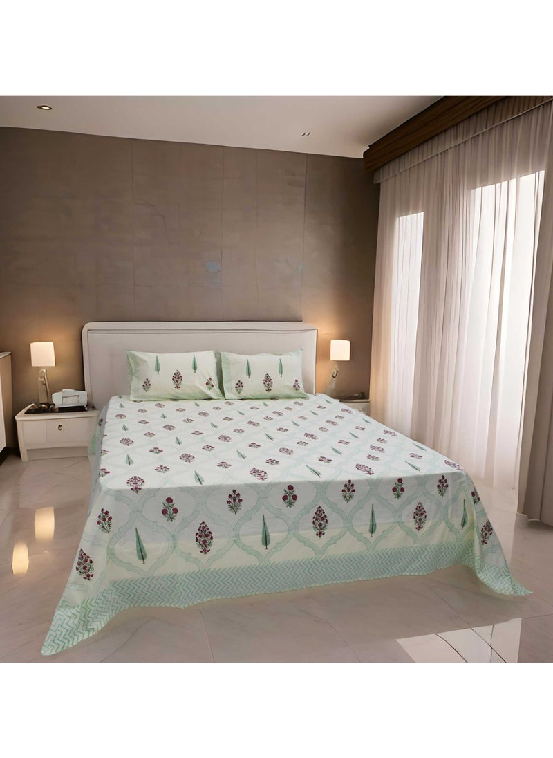 MARHABA CURTAIN 100% Cotton Jaipuri Handblock Print Double Bed Sheet with 2 Pillow Covers Premium Quality, Soft, Breathable (CREAMLILLY 20 (1)  - Image 1